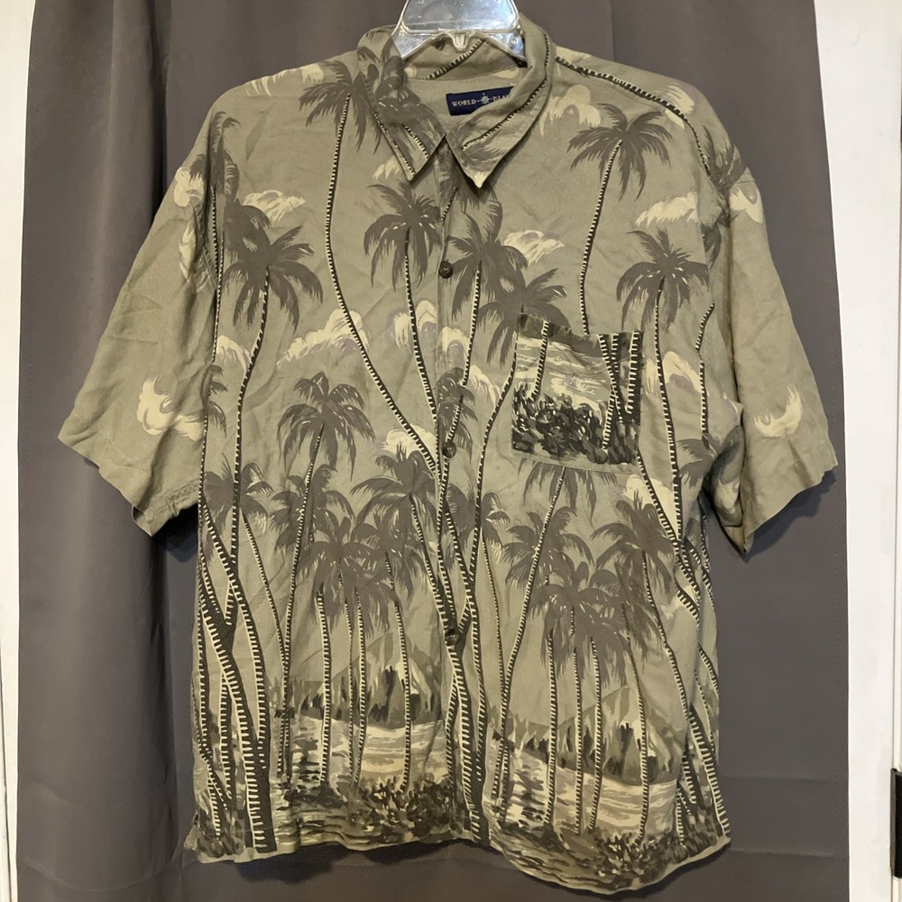 World Island Tropical Palm Tree Hawaiian Shirt, Men's Large‎ Button Up, Aloha